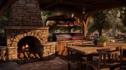 Fototapeta na wymiar Rustic outdoor kitchen set-up with wood-fired oven, grills, and dining pavilion