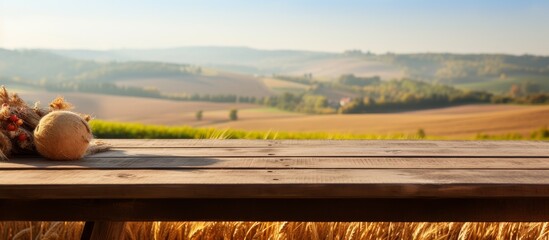 Empty wooden table top with farm landscape 