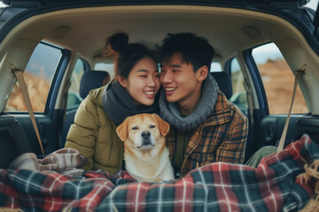 Happy Couple Sitting in Back Seat of Car with Their Dog, Smiling and Looking at Camera