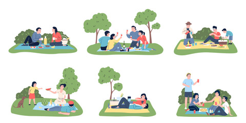 Obraz na płótnie Canvas Family picnic. Seasonal outdoor activity. People eating and drinking on nature, family and friend resting. Summer park flat recent vector scenes