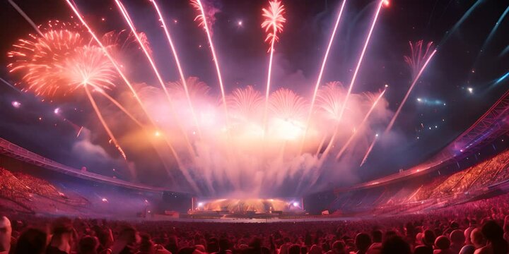 Event, live concert, halftime show, at sports stadium. Crowd of people at a live event, or concert, and cheering. Fireworks or pyrotechnics, Large audience, crowd, of a live event. 4K Video