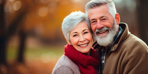 Beautiful elderly couple in the park, smiling couple walking , Generative Ai