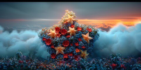 Surreal 3D architectural render of a floating, star-shaped podium garden with bioluminescent, alien-like flora gracefully undulating in a vibrant, cosmic wind - obrazy, fototapety, plakaty