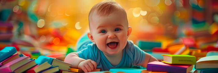 Cheerful baby gleefully surrounded by a pile of colorful books, exuding joy and curiosity in the world of reading. Generative AI