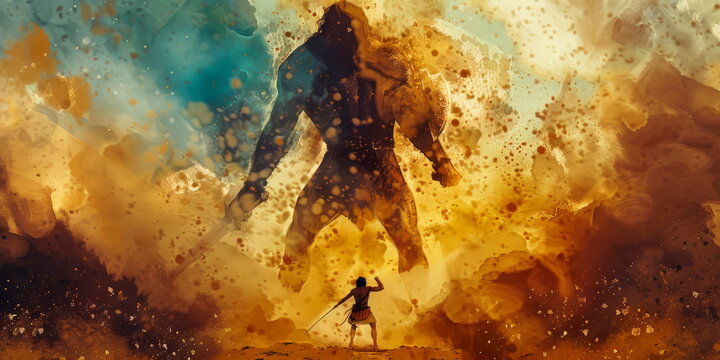 Captivating watercolor of David and Goliath, illustrating the triumph of courage and faith over adversity.. Generative AI