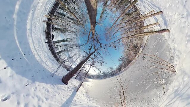 Embark on a captivating journey through a serene winter forest in this 360-degree video. The immersive footage transports you to a tranquil snow-covered landscape, where youll feel like youre walking