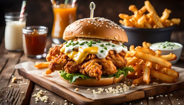 sandwich crispy chicken fried with mozzarella cheese, slice cheese and sauce, curly fries, drink. sesame seed bun on wooden background

