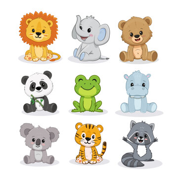  Set of cartoon cute animals including lion, tiger, hippopotamus, bear, panda, koala, raccoon, frog and elephant. Jungle and forest animals for magazines, postcards. Vector illustration