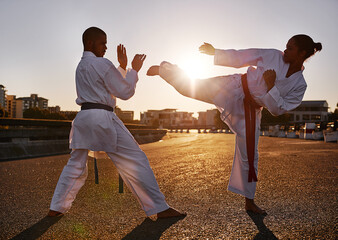 People, karate and martial arts with personal trainer for self defense, technique or style in city...