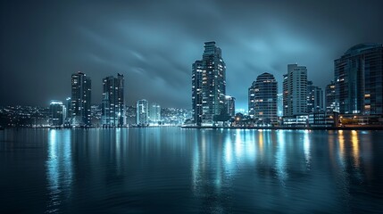 A serene nighttime panorama of a city's skyline reflecting on calm waters, with a moody blue tone.