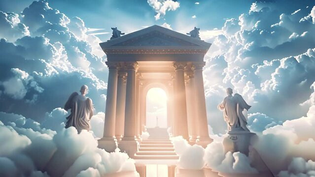 Gate to heaven paradise in white clouds. open archway gates of heaven on a bright and cloudy background 4k video. Amazing entrance to Gods paradise beauty cloudy
