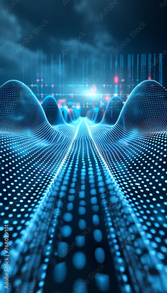 Poster interconnecting stream of data particles symbolizing information technology network