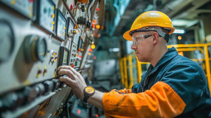 A skilled technician in protective gear adjusts controls on industrial machinery in a manufacturing plant.