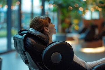 Woman relaxing in a massage chair in a modern office environment.
