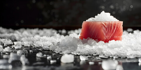 Fresh tuna steak on ice. Banner concept for advertising restaurant, menu, tena day, store with place for text