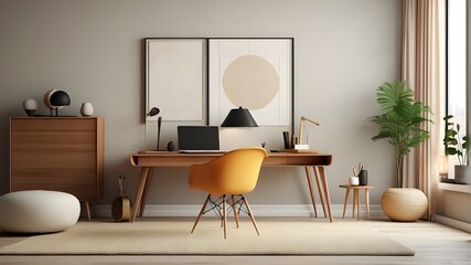 3D render of a mockup frame in a mid-century modern loft setting, used as the background for a home office.
