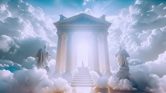 Gate to heaven paradise in white clouds. open archway gates of heaven on a bright and cloudy background 4k video. Amazing entrance to Gods paradise beauty cloudy