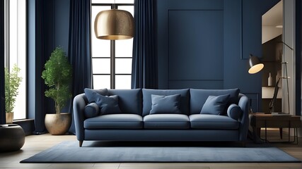 Classic modern home with a sofa in a dark blue living room rendered in three dimensions - obrazy, fototapety, plakaty