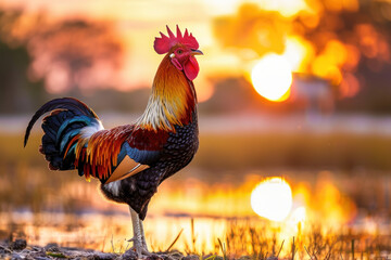 Regal Easter Rooster at Sunrise, Easter time, Spring is coming,  Cute design - obrazy, fototapety, plakaty
