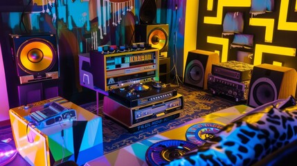 A dynamic retro audio room filled with colorful decor, vintage speakers, turntable, and cassette players, capturing the essence of 80s nostalgia