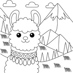 Cute kawaii llama amidst towering peaks and rolling hills cartoon character coloring page vector illustration