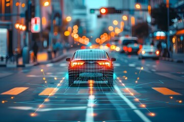 Smart car technology on city road with sensors and radar system for intelligent driving. Concept Smart Car Technology, City Road, Sensors, Radar System, Intelligent Driving