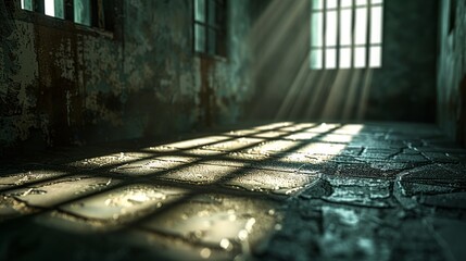 Moody shadows cast over empty prison cells - obrazy, fototapety, plakaty
