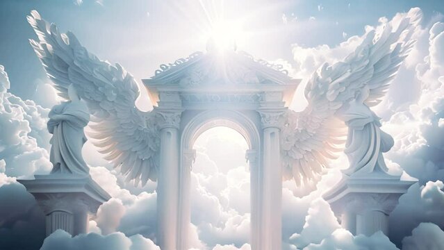 Gate to heaven paradise in white clouds. open archway gates of heaven on a bright and cloudy background 4k video. Amazing entrance to Gods paradise beauty cloudy