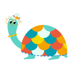 Cute cartoon turtle wearing glasses, hat, and beads. Hand drawing isolated on white background.