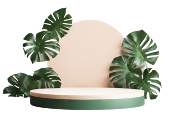 tropical monstera leaves product podium Minimalist splay platform poduim dais round tropical monstera leaf stage platform pedestal showcase circle beauty cosmetic skincare foliage minimalist plant