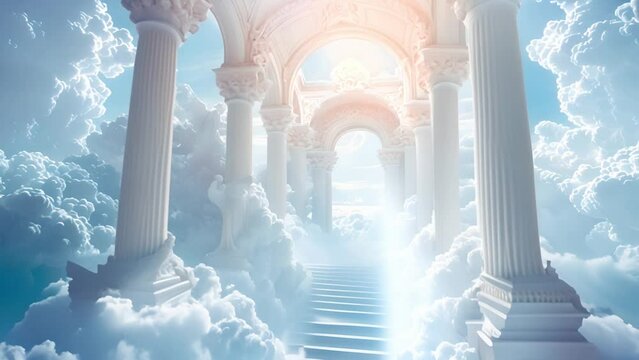 Gate to heaven paradise in white clouds. open archway gates of heaven on a bright and cloudy background 4k video. Amazing entrance to Gods paradise beauty cloudy