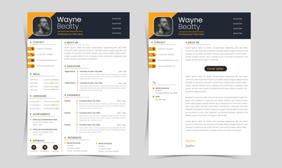 Professional CV resume template design and cover letter - vector minimalist - yellow and blue