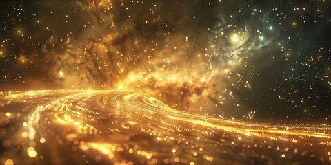 Fototapeta premium Cosmic Vista with Golden Nebulae and Sparkling Stars in an Infinite Universe background