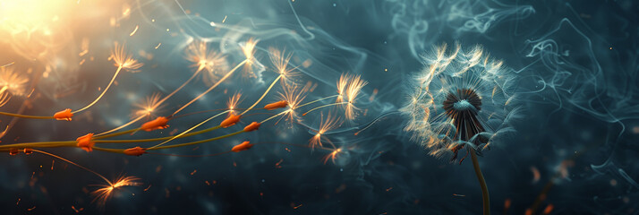 Dandelion seeds blowing in the wind on sunset background with copy space. Goodbye Summer. Hope and dreaming concept. Fragility. Springtime,banner