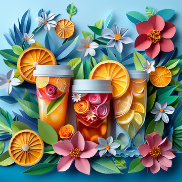 a collage of paper cutouts featuring coffee cups, cocktail glasses and orange juice in the style of advertisinginspired illustrations, flat design, colorful background with green leaves and flowers