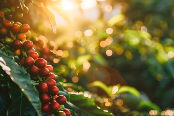 Sunlight shines on coffee plantations, red coffee berries on the tree