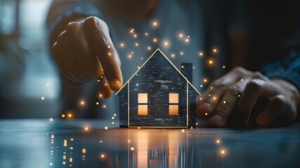 Person's hand is holding up an illuminated wooden house model on the table, Real estate concept - obrazy, fototapety, plakaty