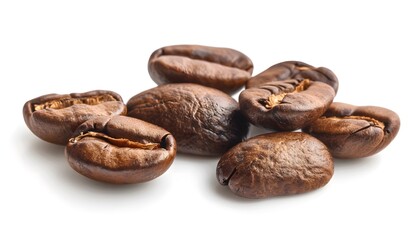 Obraz premium Macro view of coffee beans on a clean white background