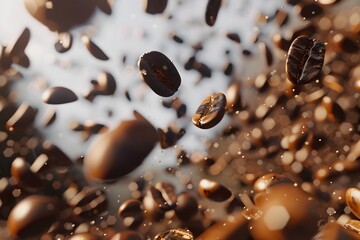 Many coffee beans in the air in macro view,  coffee beans background 