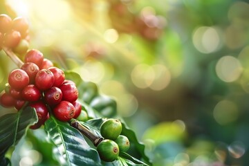 Coffee beans ripen in sunlight, red and green berries