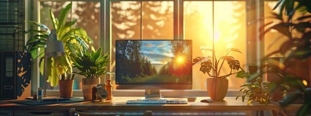 Implementing secure behavior in remote work, home office setup, digital security tools on display, morning light - obrazy, fototapety, plakaty