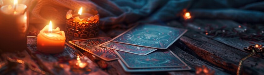 Tarot fortune revealed in holographic form, dusk lighting, medium angle, secluded gypsy tent , cinematic - obrazy, fototapety, plakaty