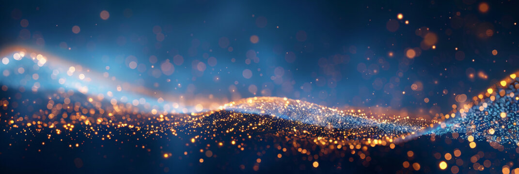 A starry magic trail glowing, A golden trail of light shines on  dark blue background,Gold light shine particles,Christmas Golden Star light banner