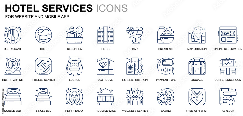 Aufkleber simple set hotel service line icons for website and mobile apps. contains such icons as restaurant, 