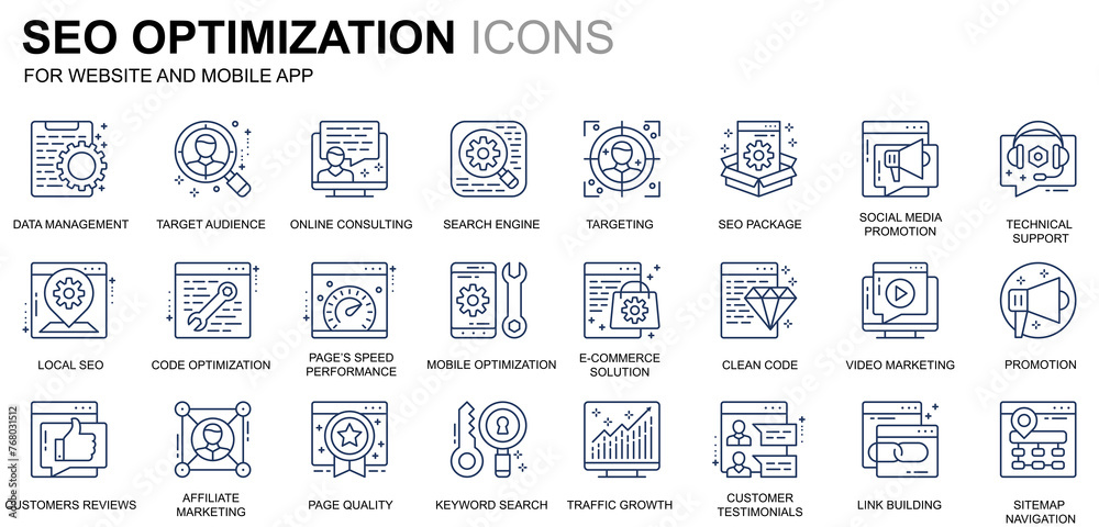 Poster simple set seo and web optimization line icons for website and mobile apps. contains such icons as t