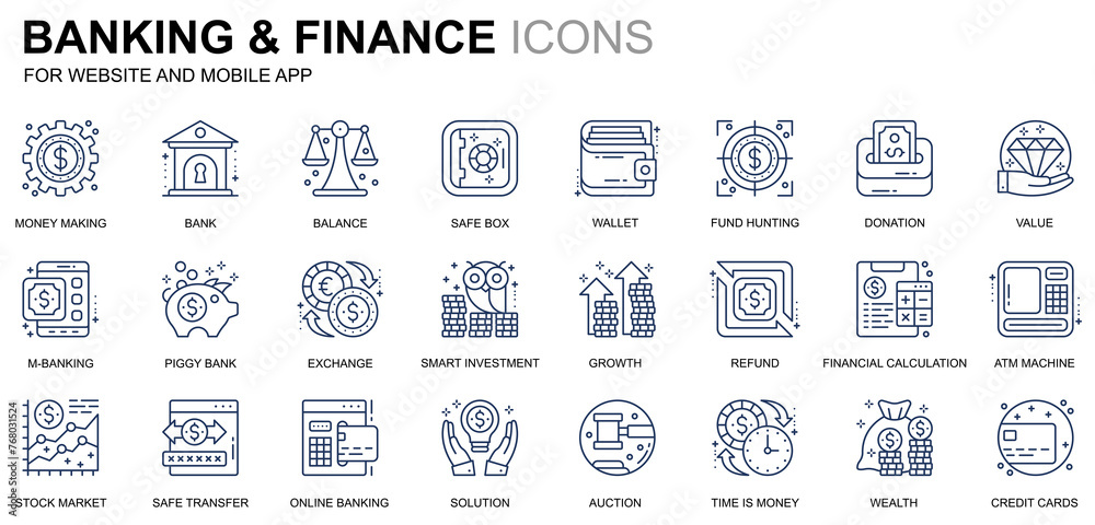 Fototapete simple set banking and finance line icons for website and mobile apps. contains such icons as balanc