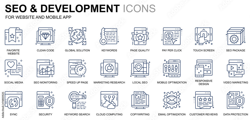 Poster simple set seo and development line icons for website and mobile apps. contains such icons as clean 