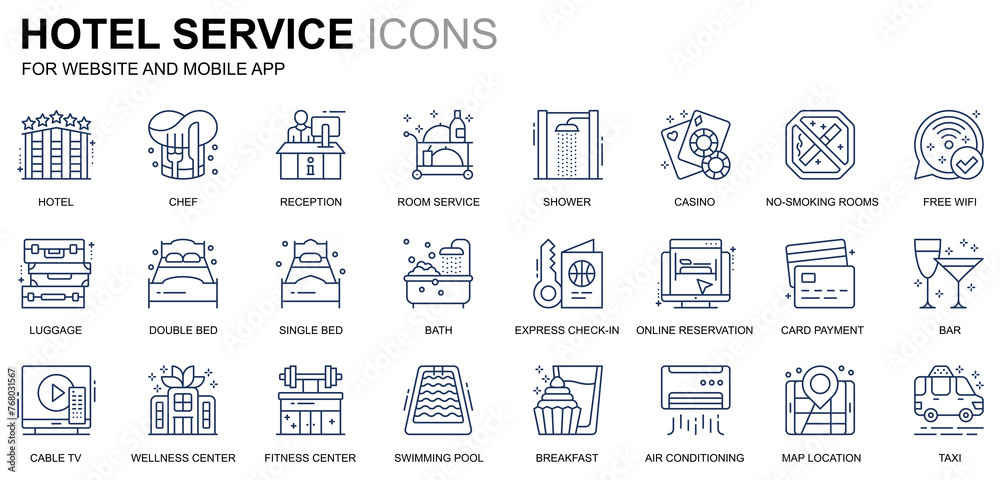 Poster simple set hotel services line icons for website and mobile apps. contains such icons as luggage, re