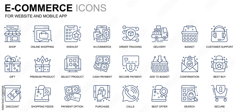 Poster simple set e-commerce and shopping line icons for website and mobile apps. contains such icons as de