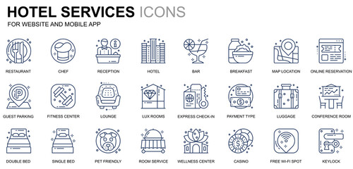 Simple Set Hotel Service Line Icons for Website and Mobile Apps. Contains such Icons as Restaurant, Room Services, Reception. Conceptual color line icon. Pictogram pack.